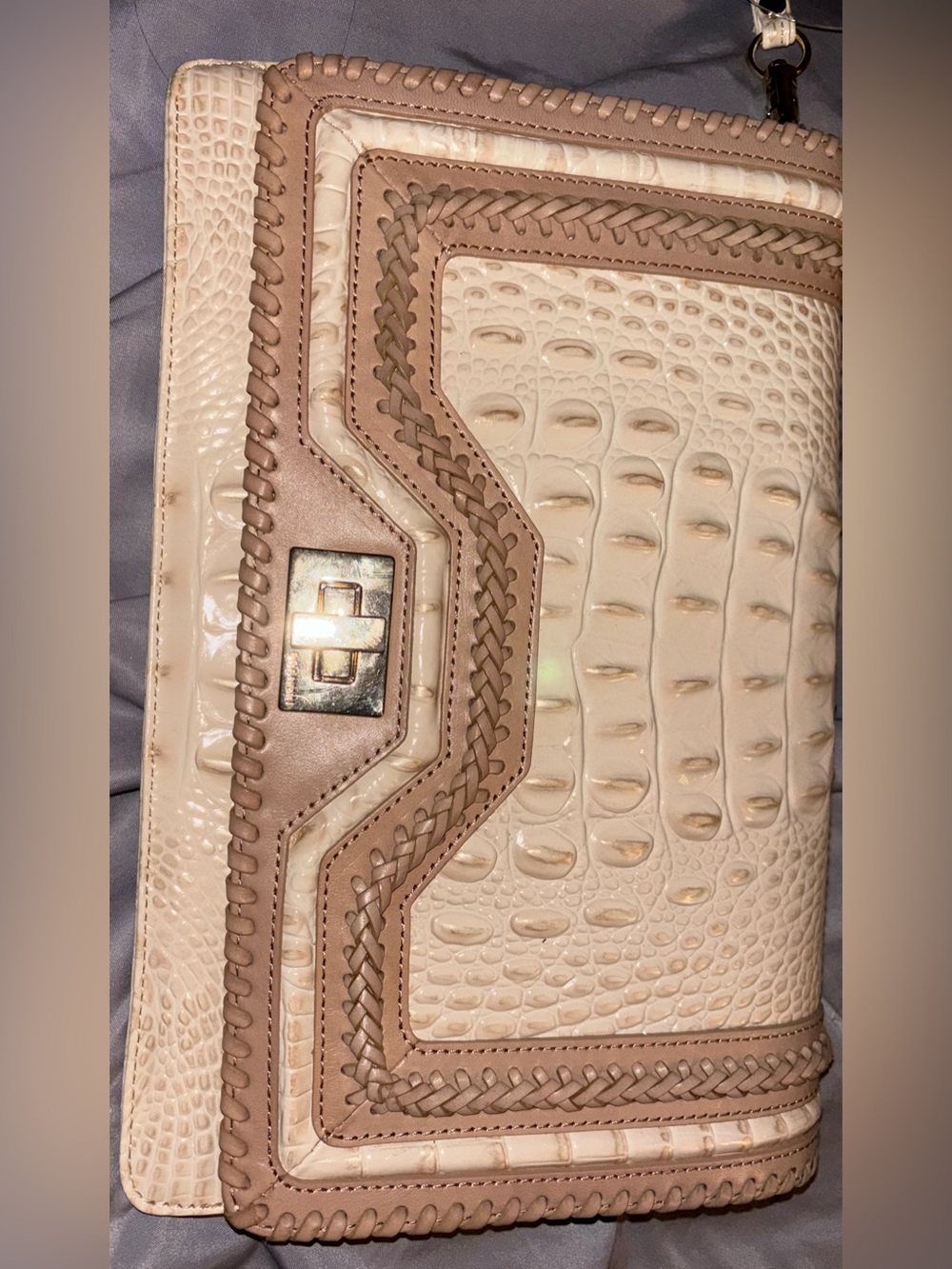 Brahmin Cream and Tan Croc-Texture Wristlet Clutch